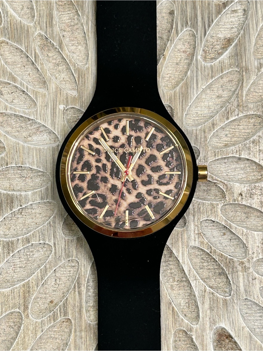 Vince Camuto Women's Black Silicone Watch with Leopard-Print Dial and Gold